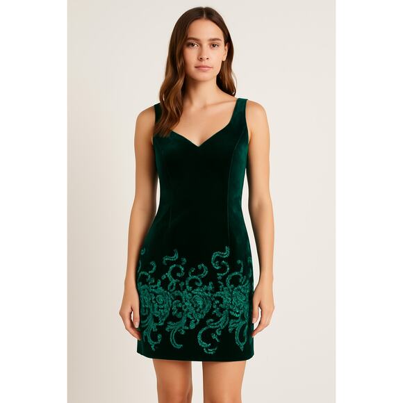 Vintage Zum Zum Velvet Mini Dress Size 9  Green Glitter Baroque Detail - Picture 1 of 12